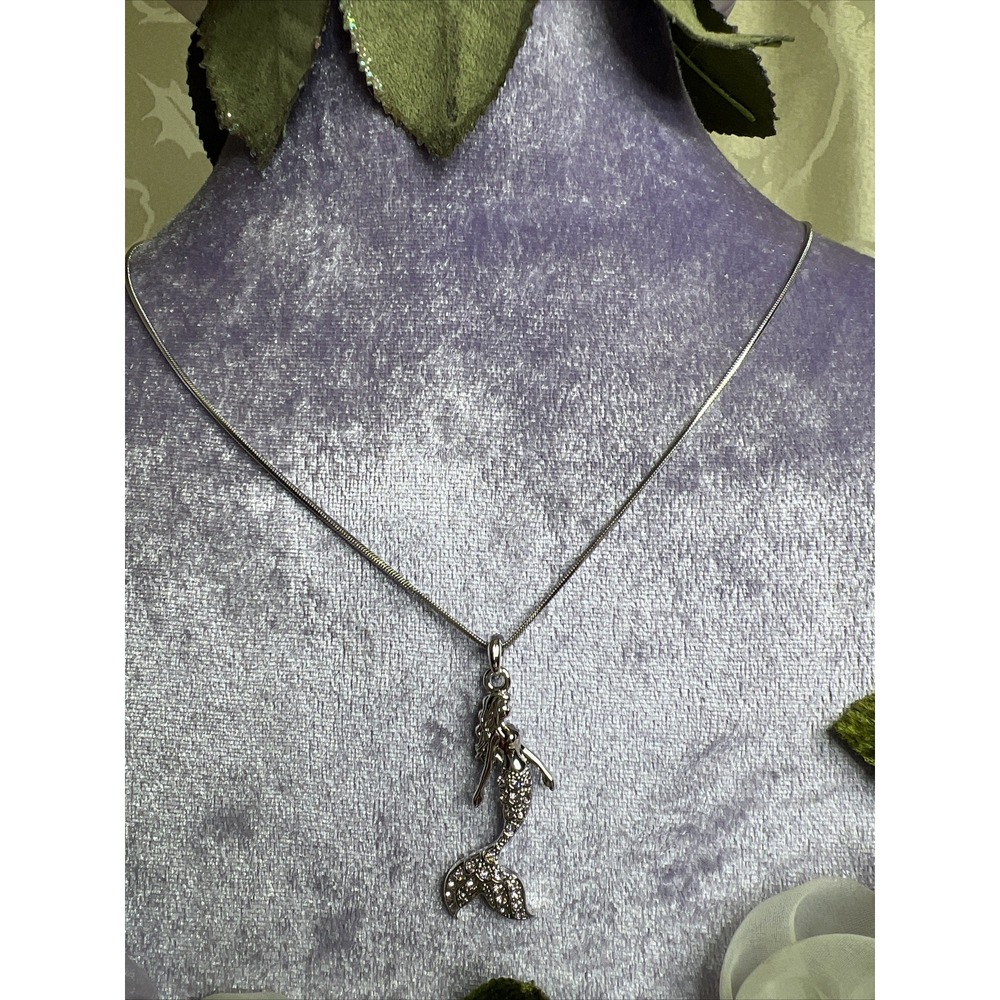Rhodium Plated Crystal Mermaid Pendant Necklace Silver Tone Rhinestone